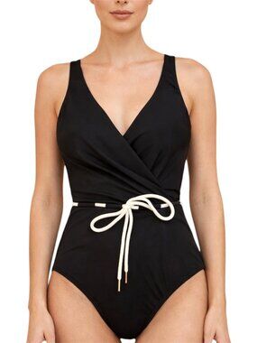 Robin Piccone Emma Black White One Piece Swimsuit Rope Tie Waist Size 6